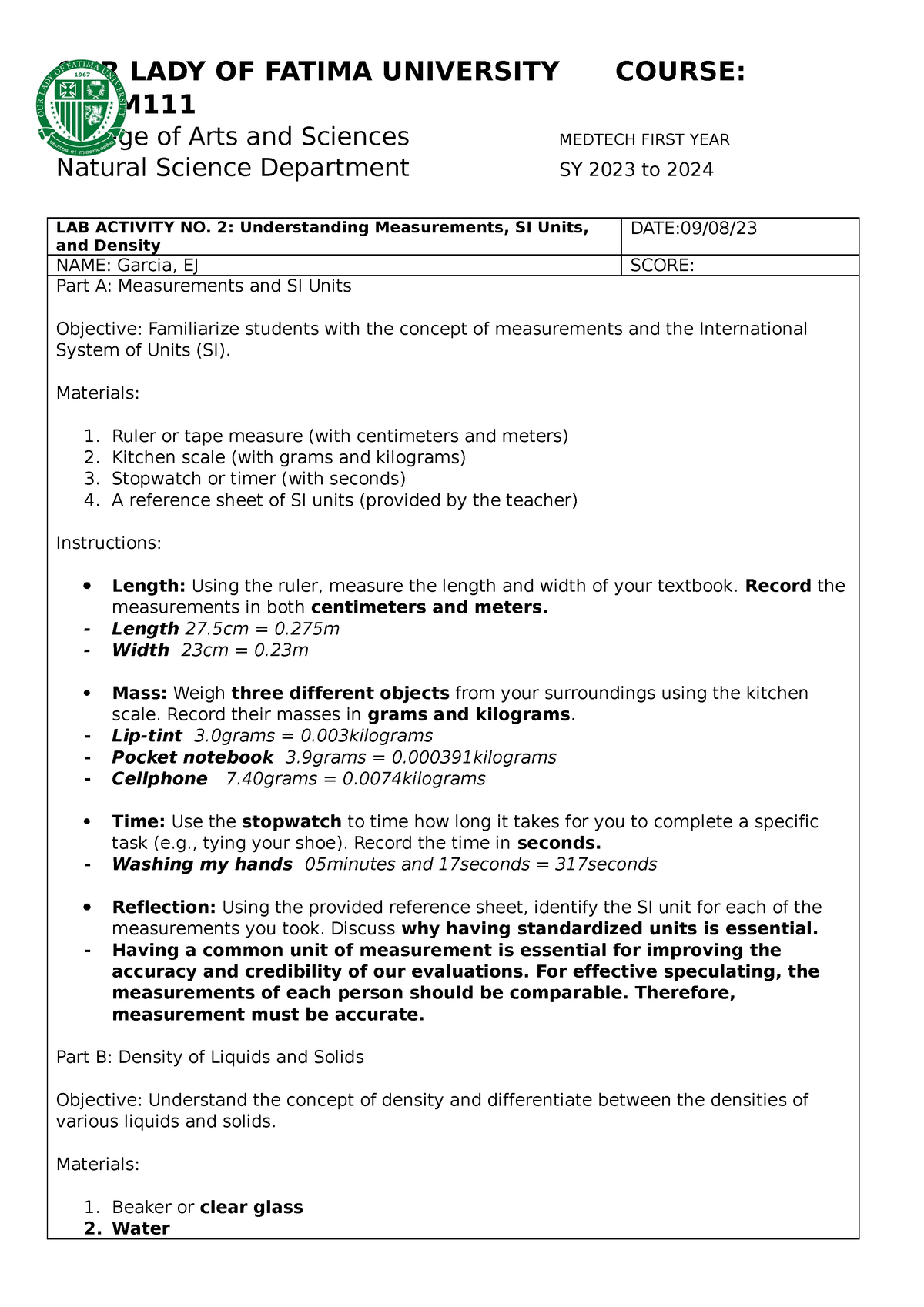 Activity 2_ Measurements - OUR LADY OF FATIMA UNIVERSITY COURSE: CHEM ...