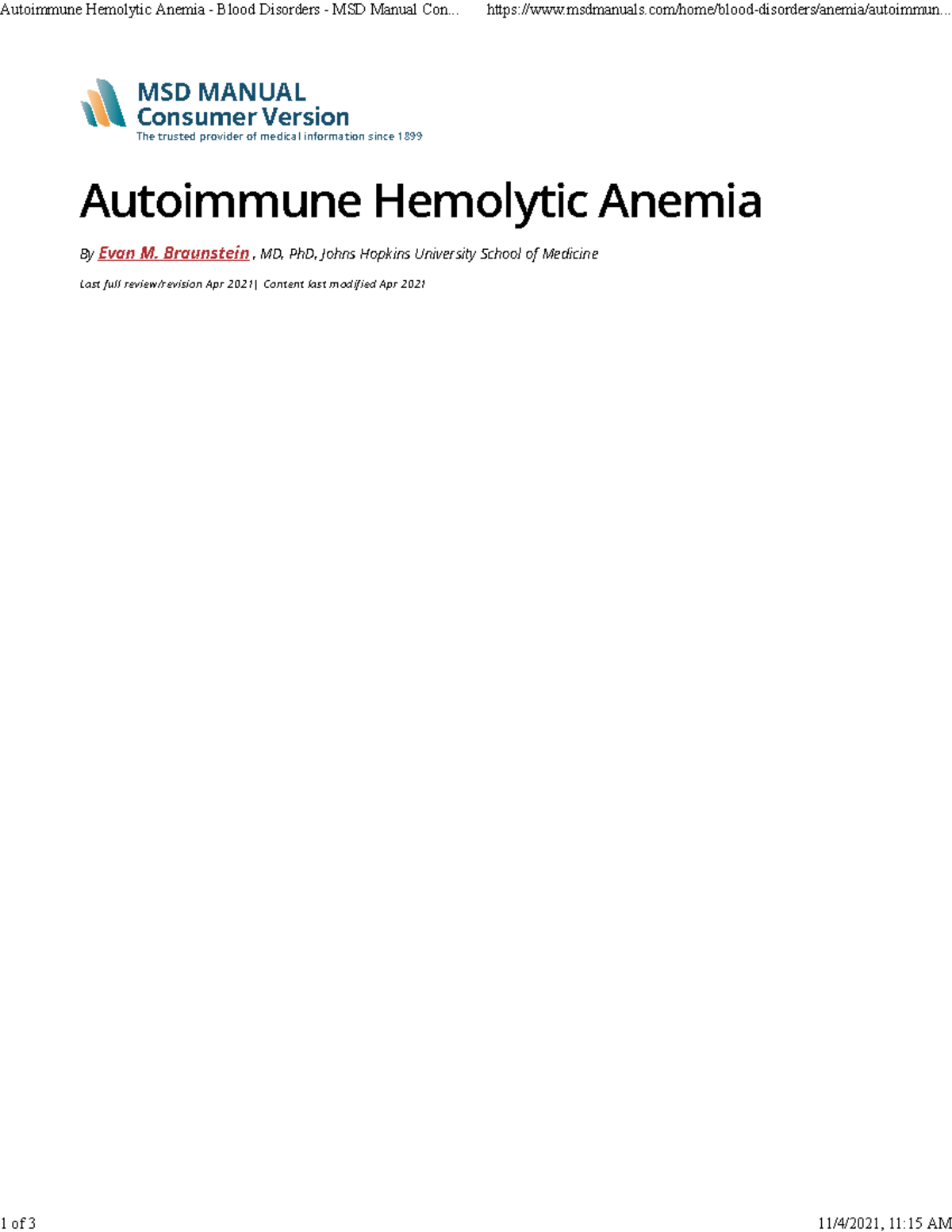 11. Autoimmune Hemolytic Anemia - Blood Disorders - MSD Manual Consumer ...