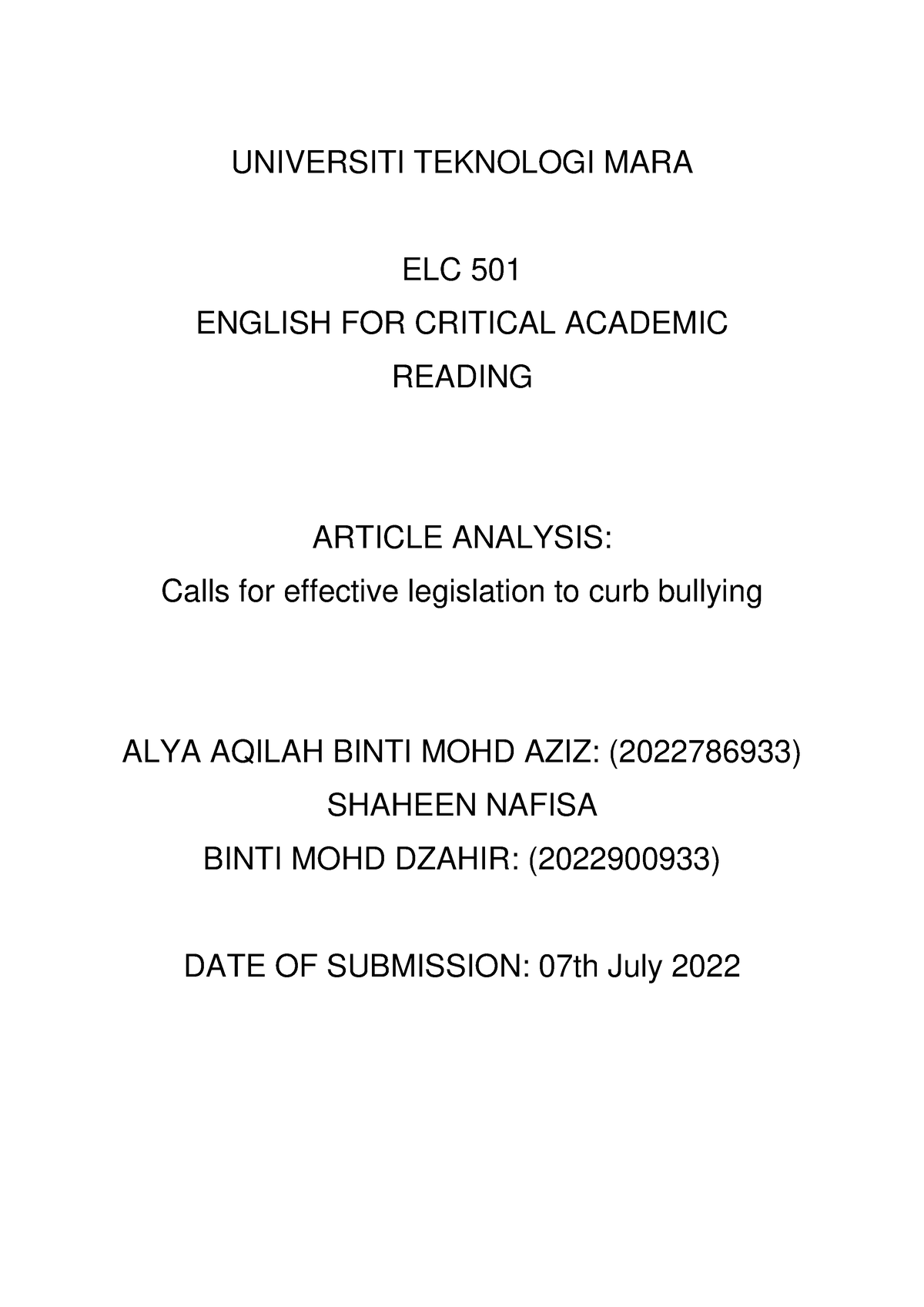 ELC501 - Article Analysis (Pairing Assignment) - UNIVERSITI TEKNOLOGI ...