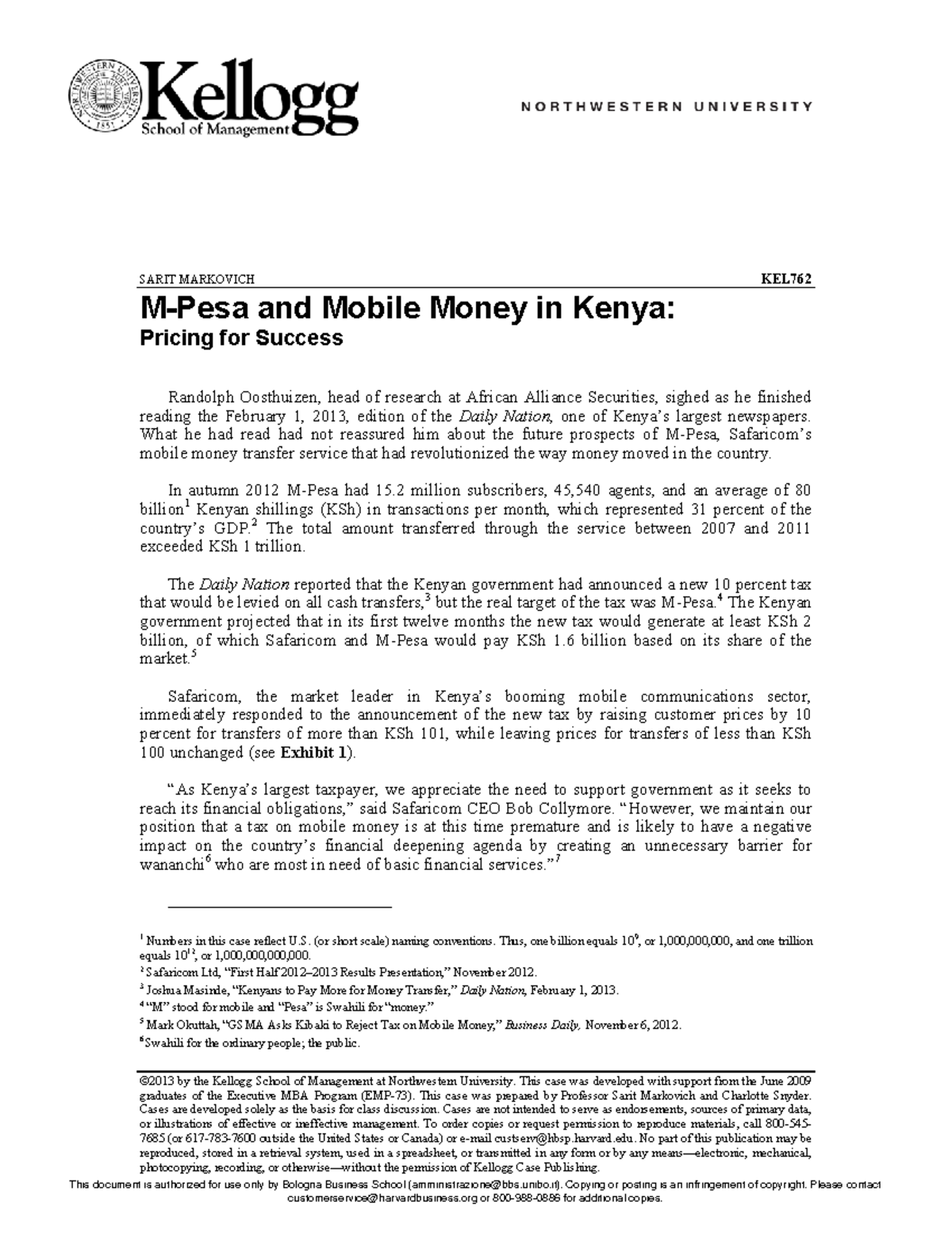 13 M Pesa And Mobile Money In Kenya Pricing For Success C 13 By The Kellogg School Of Studocu