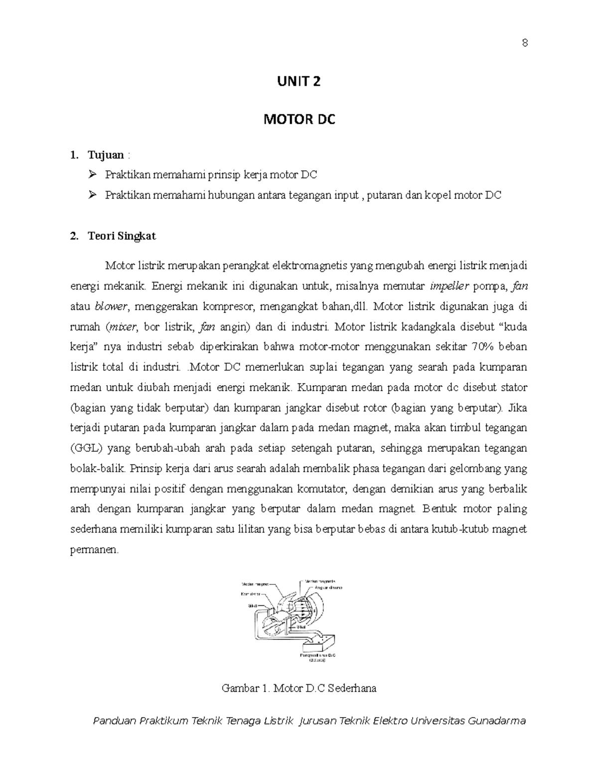 Unit 2 Motor DC lecture notes UNIT 2 MOTOR DC Tujuan Praktikan