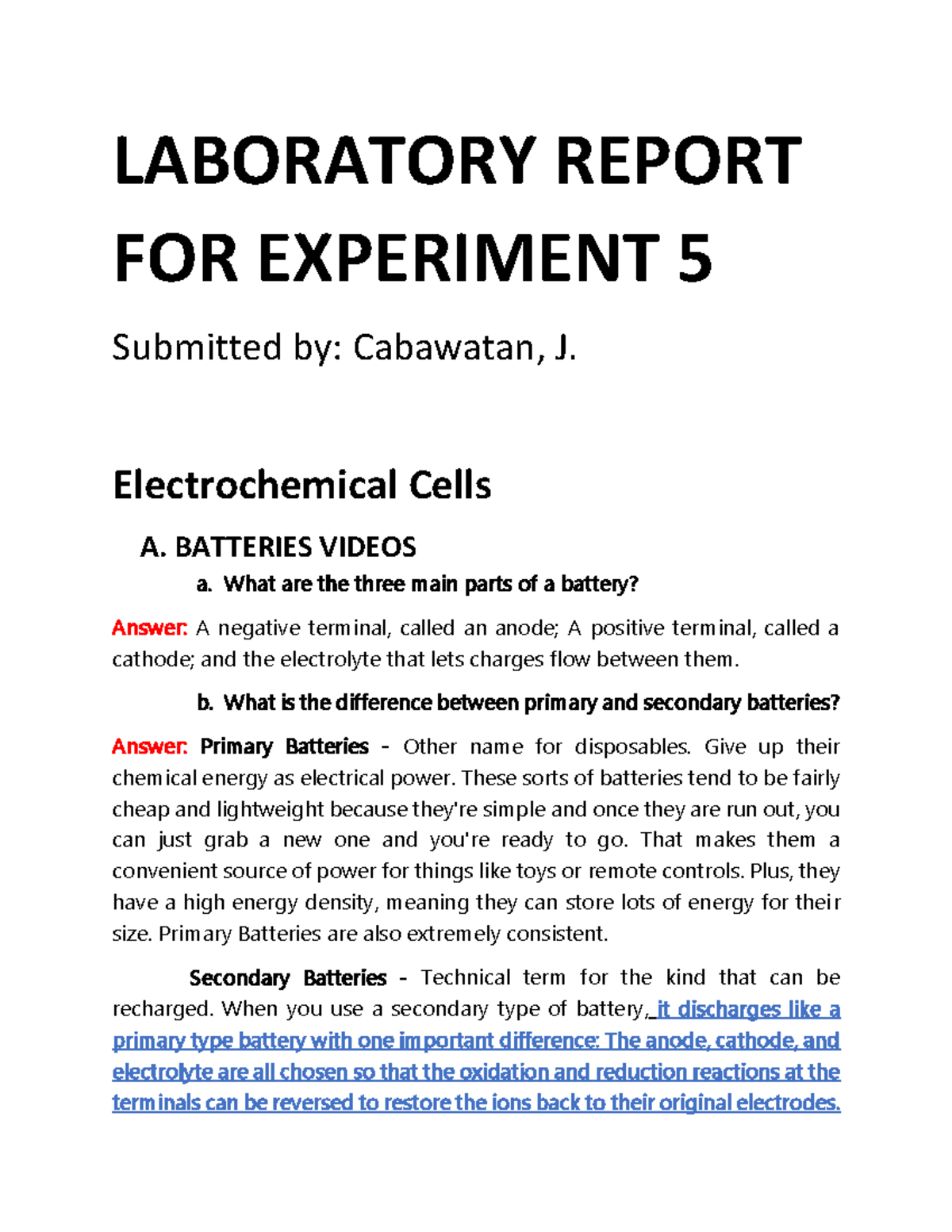 Electrochemical Cells Experiment Lab Report with answers and solutions