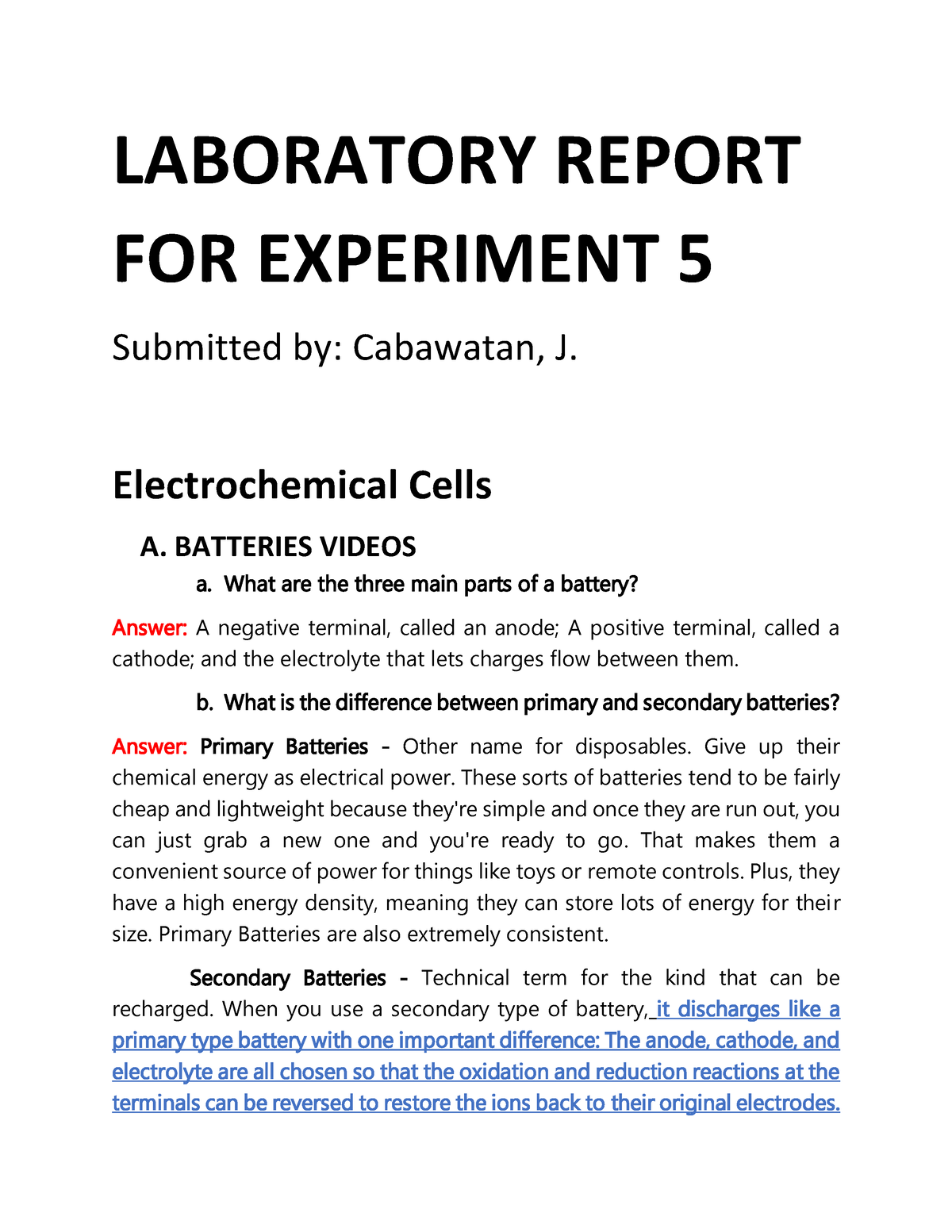Electrochemical Cells Experiment Lab Report with answers and solutions ...