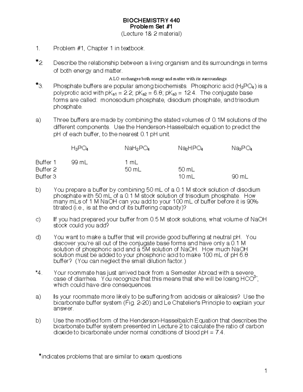 Homework #1 2019 - BIOCHEMISTRY 440 Problem Set # (Lecture 1& 2 ...