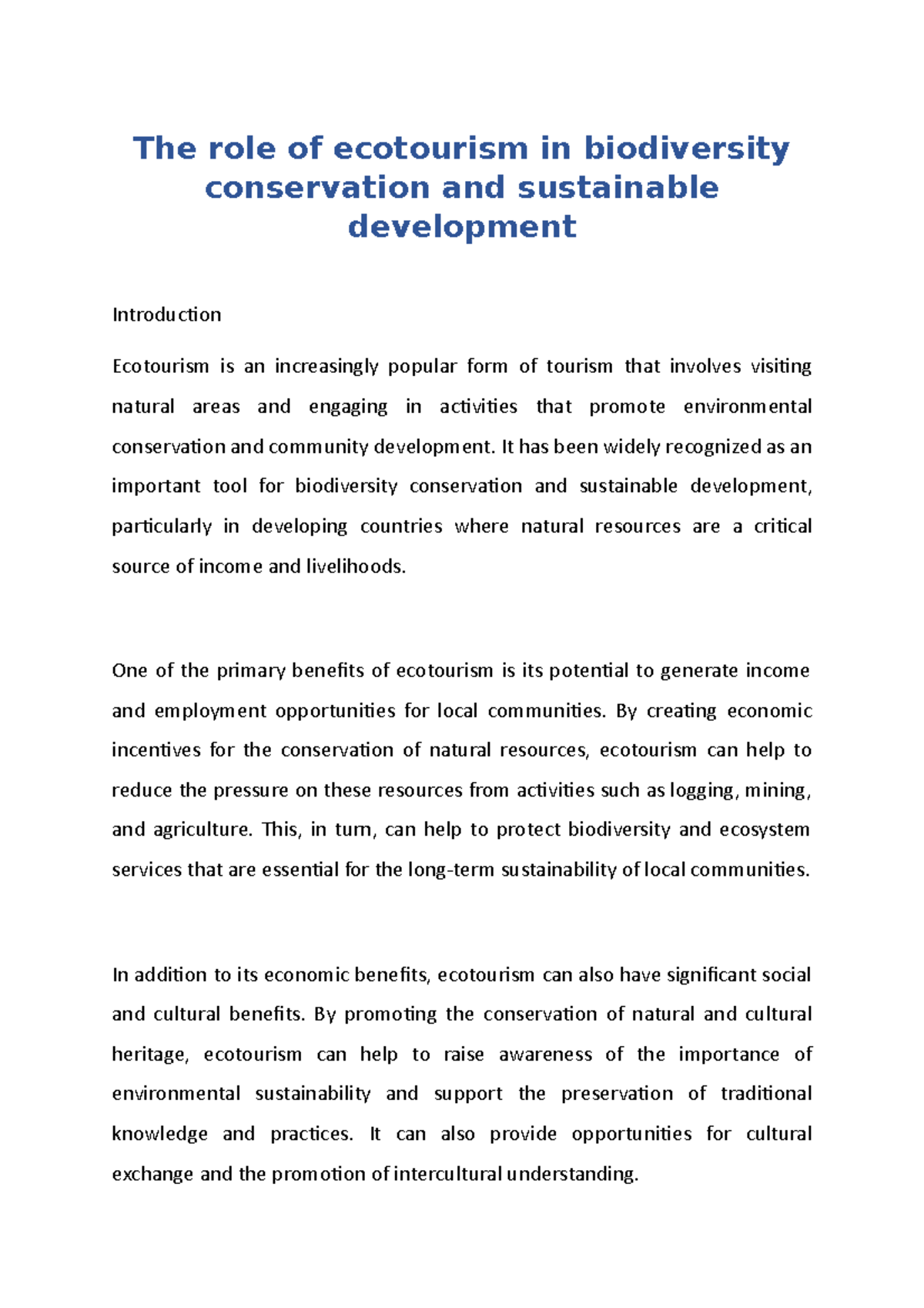 The role of ecotourism in biodiversity conservation and sustainable ...