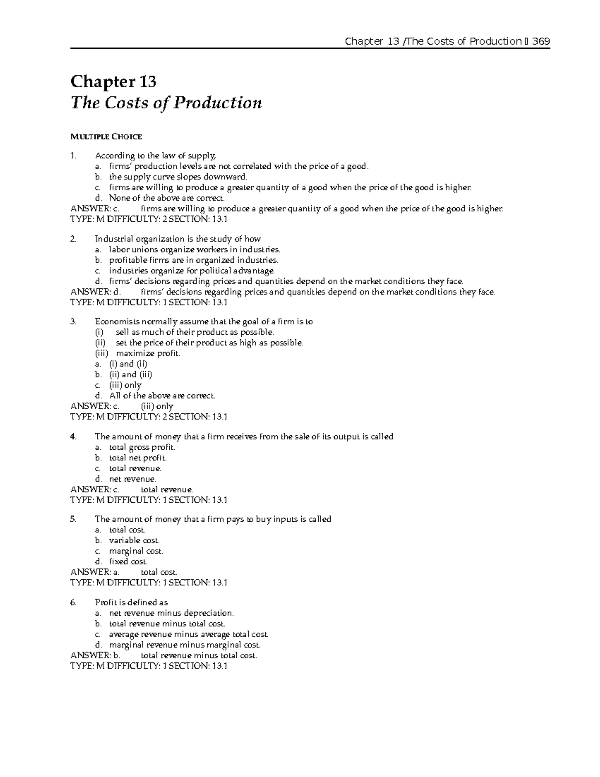 Chapter 13 - class notes plus practice exam - Chapter 13 The Costs of ...