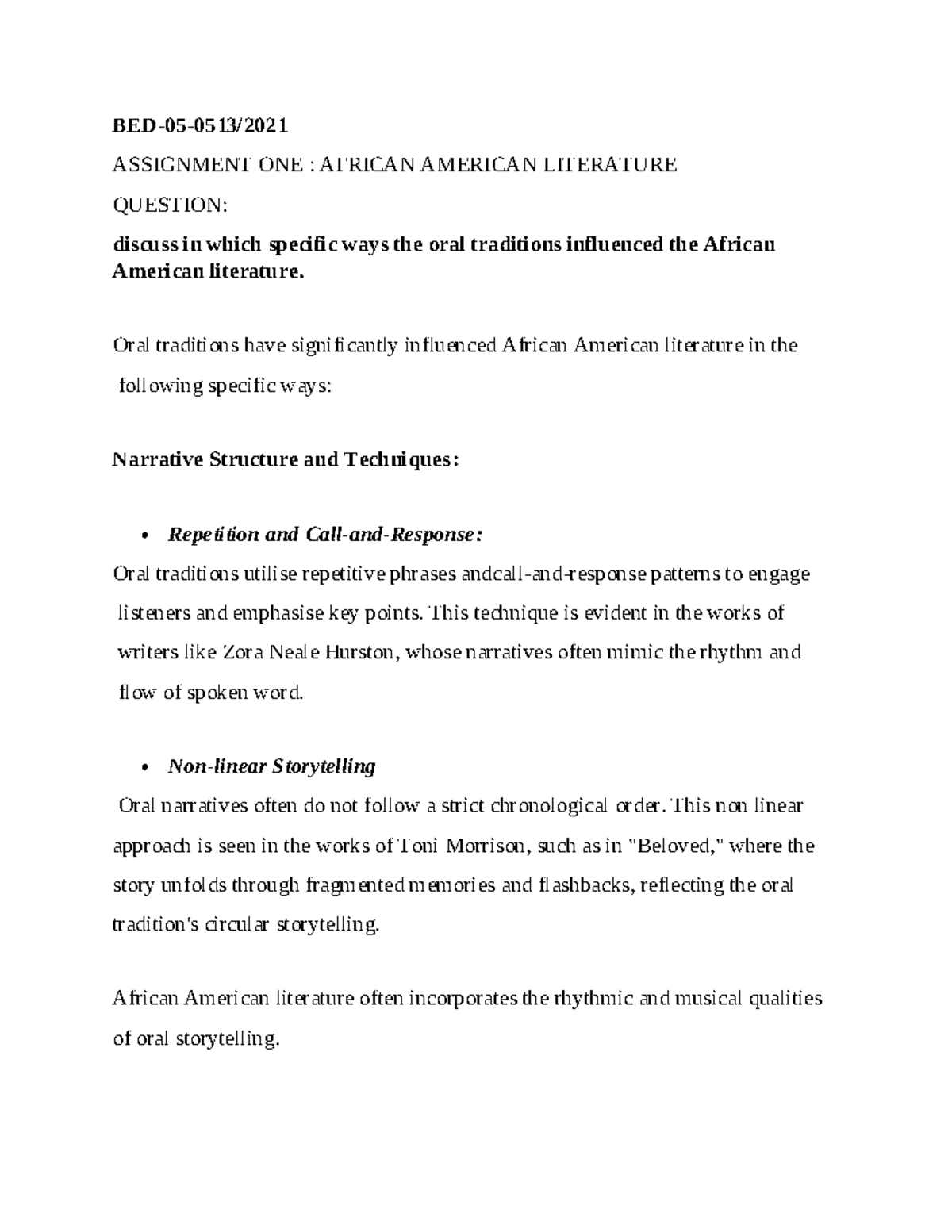 Assignment ONE African American Literature - BED-05-0513/ ASSIGNMENT ...