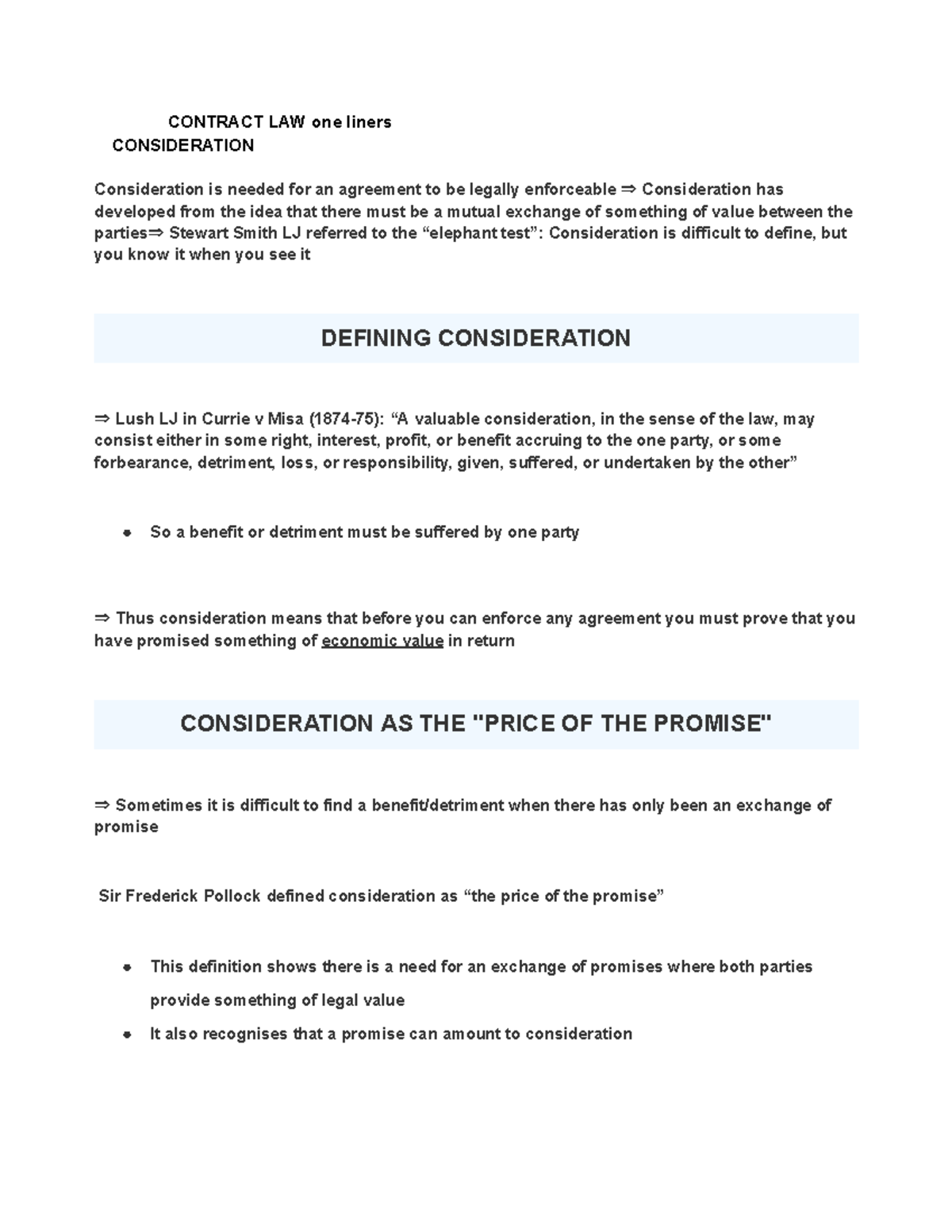 contract law notes on misrepresentation, intention and consideration ...