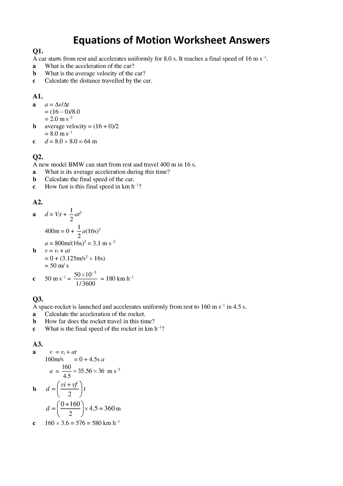 Equations Of Motion Worksheet Solutions Equations Of Motion Worksheet 