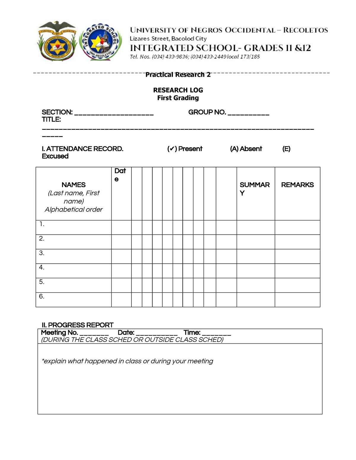 03 Research LOG Attendance, Progress, Leader's Eval - Practical ...