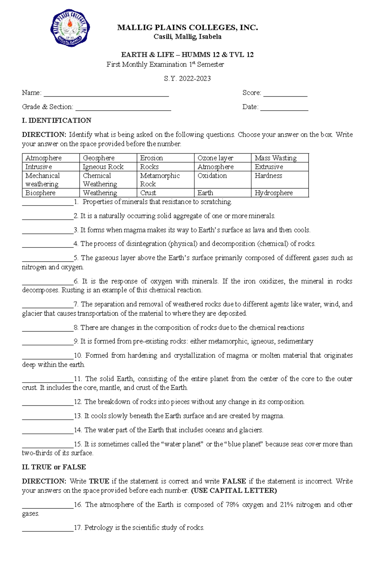 Earth AND LIFE EXAM (61 Copies) 1st sem - MALLIG PLAINS COLLEGES, INC ...