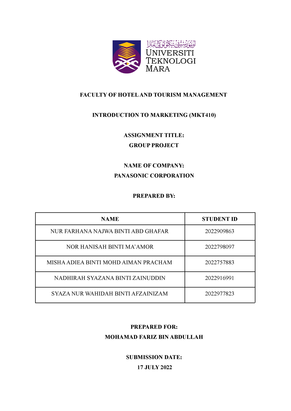 Group Project Report ( Panasonic) - FACULTY OF HOTEL AND TOURISM ...