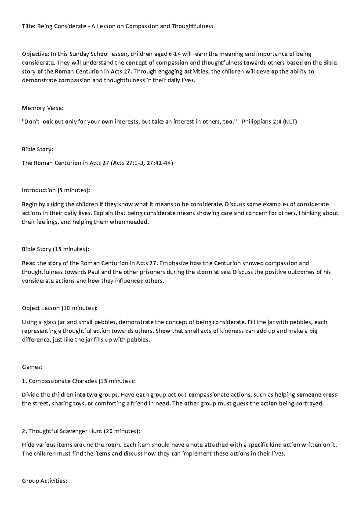 Considerate Lesson Plan - Title: Being Considerate - A Lesson on ...