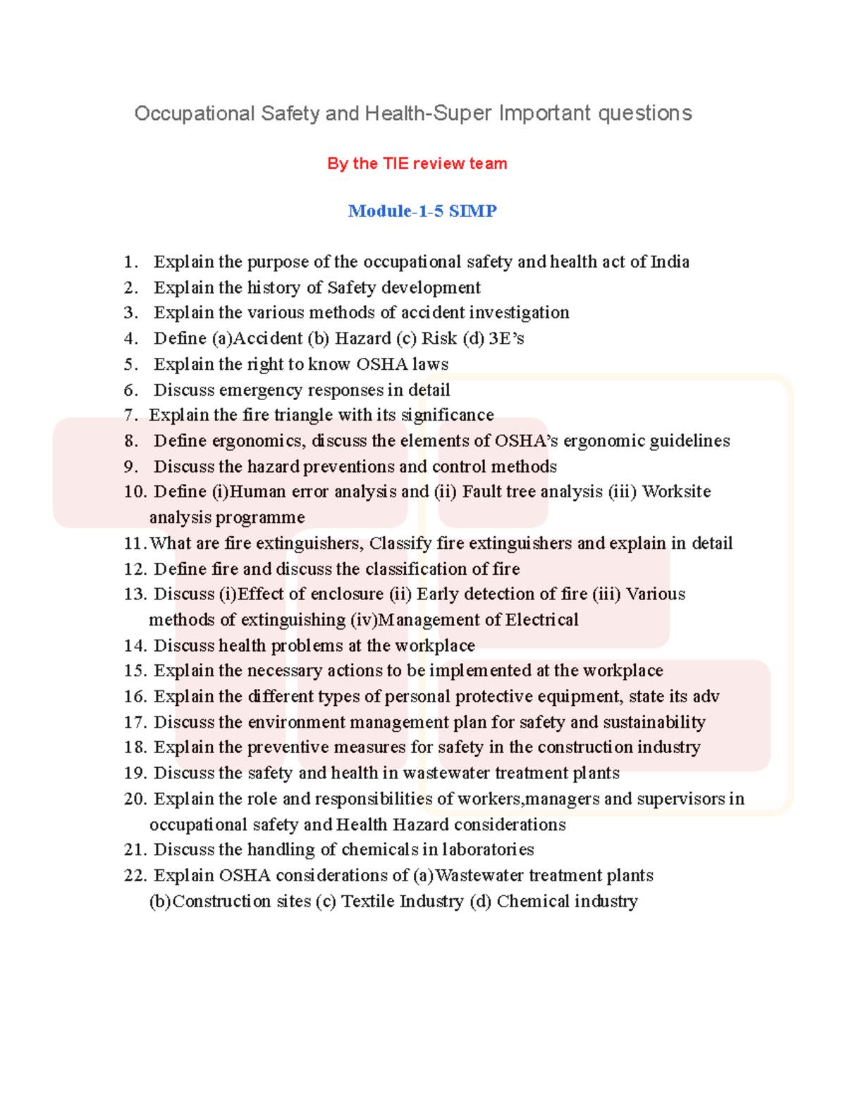 OSHO simp 22 (1)pdf - Important questions - Occupational Safety and ...
