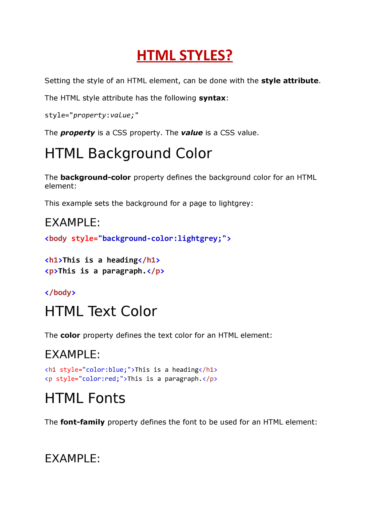 HTML Styles - Lecture notes 1 - HTML STYLES? Setting the style of an HTML  element, can be done with - Studocu