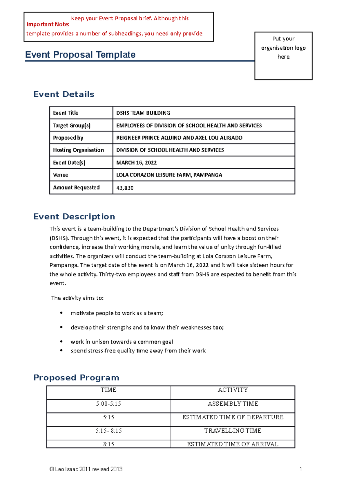 Events Planning Events Proposal - Event Proposal Template Event Details ...