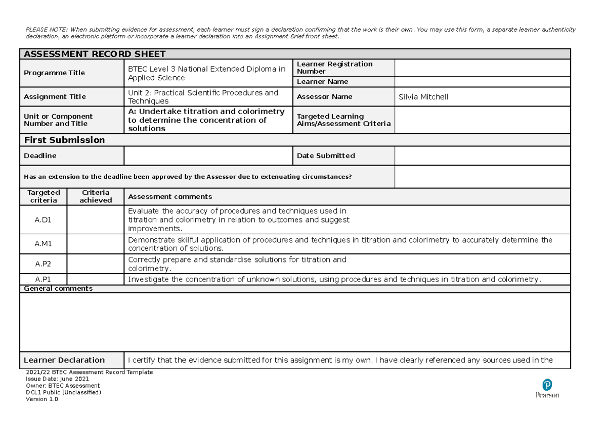 A Btec-assessment-record-template - Declaration, An Electronic Platform ...