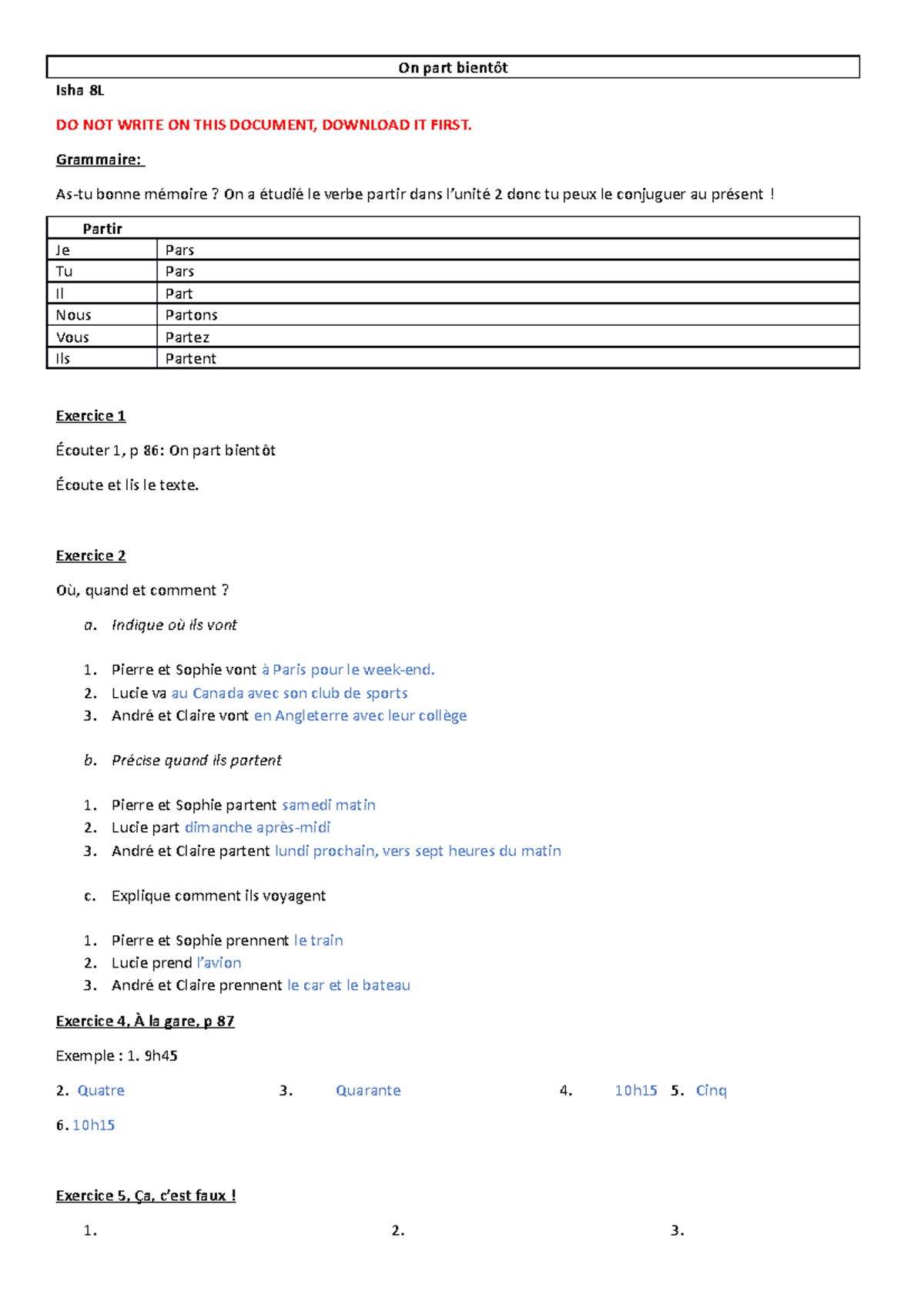 On part bientôt french worksheet on on part bientot aimed at 12 year