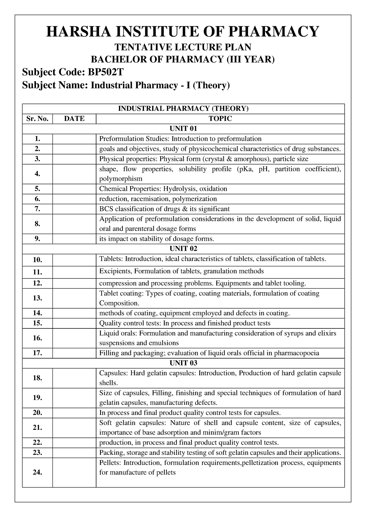 B. Pharm. Lecture Plans - HARSHA INSTITUTE OF PHARMACY TENTATIVE ...