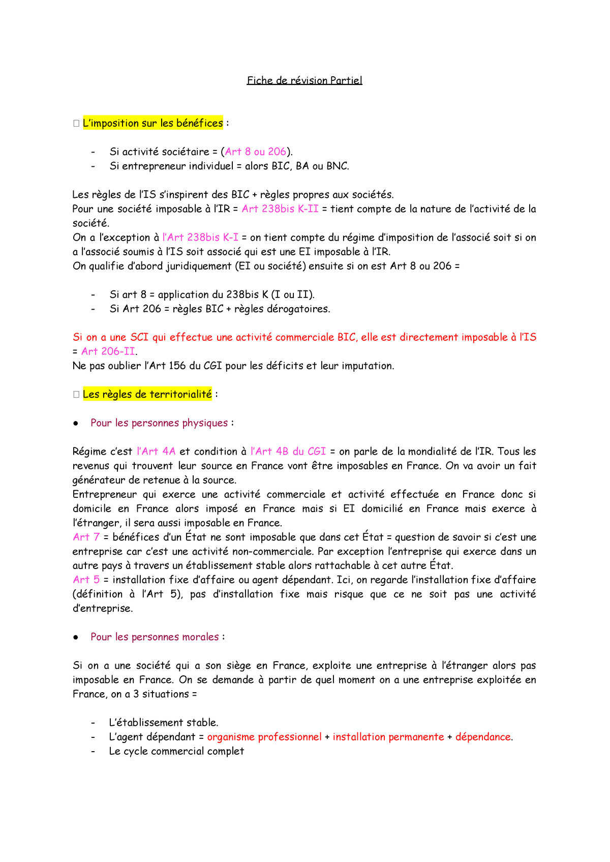 Fiche De Révision Partiel.docx - Fiche De Révision Partiel L’imposition ...