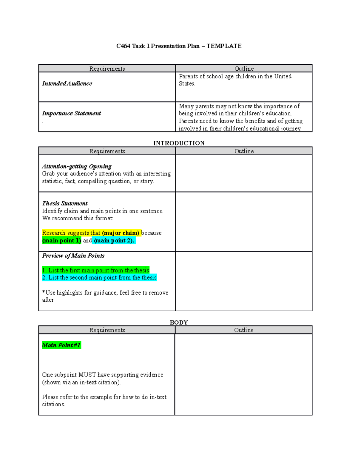 Presentation outline - C464 Task 1 Presentation Plan – TEMPLATE ...