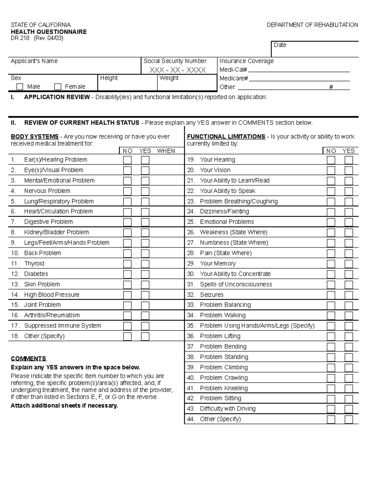 01693-FORM-DOR Health Questionnaire - STATE OF CALIFORNIA DEPARTMENT OF ...