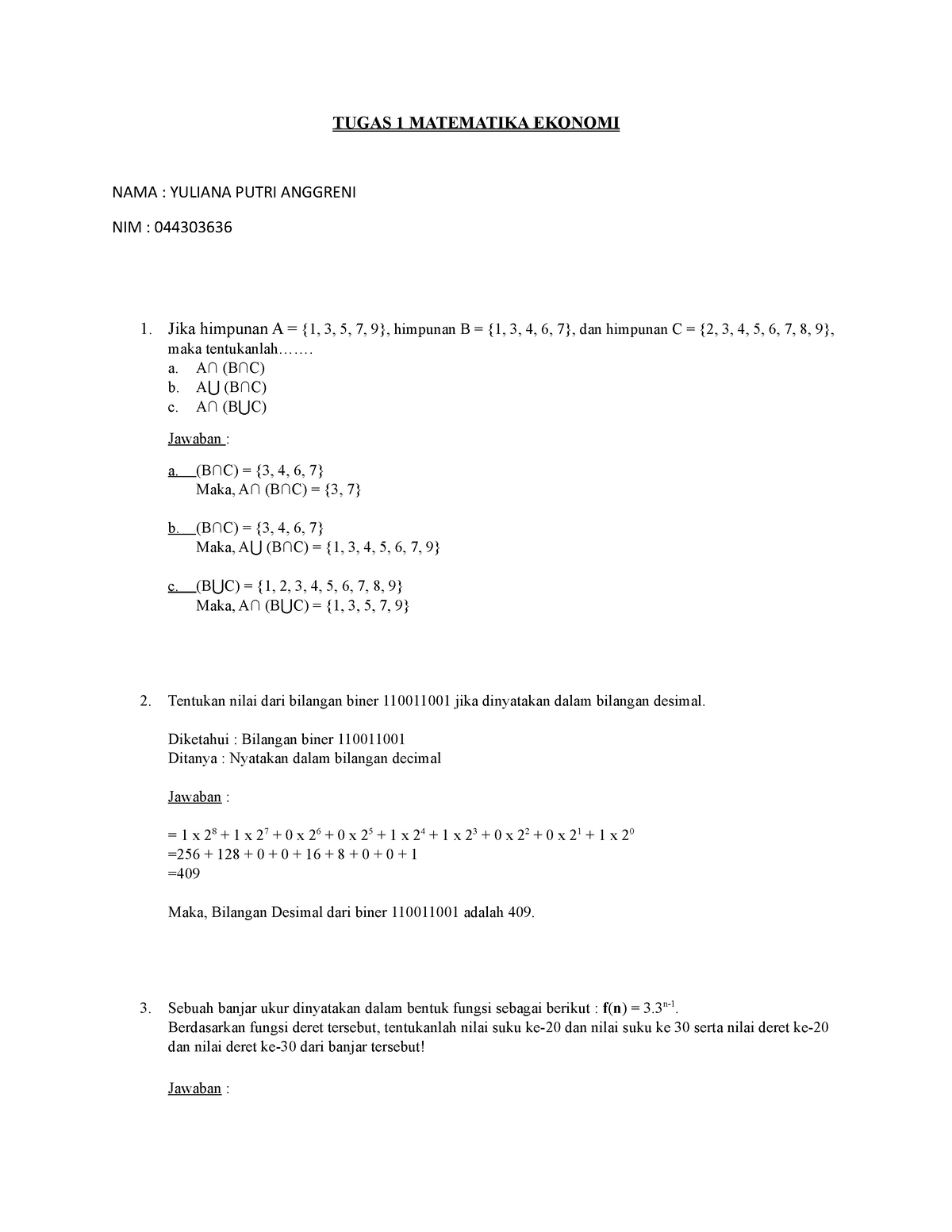 Tugas 1 Matematika Ekonomi - TUGAS 1 MATEMATIKA EKONOMI NAMA : YULIANA ...