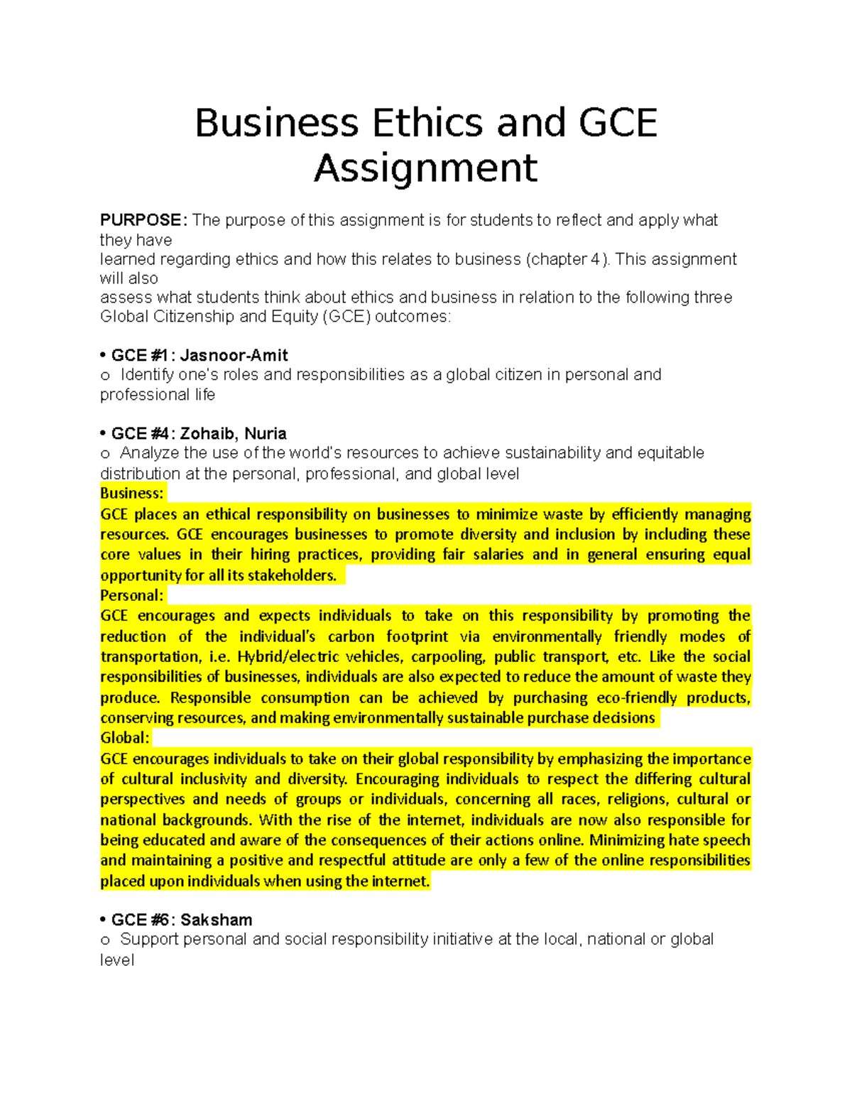 GCE and Ethics Assignment - Business Ethics and GCE Assignment PURPOSE ...