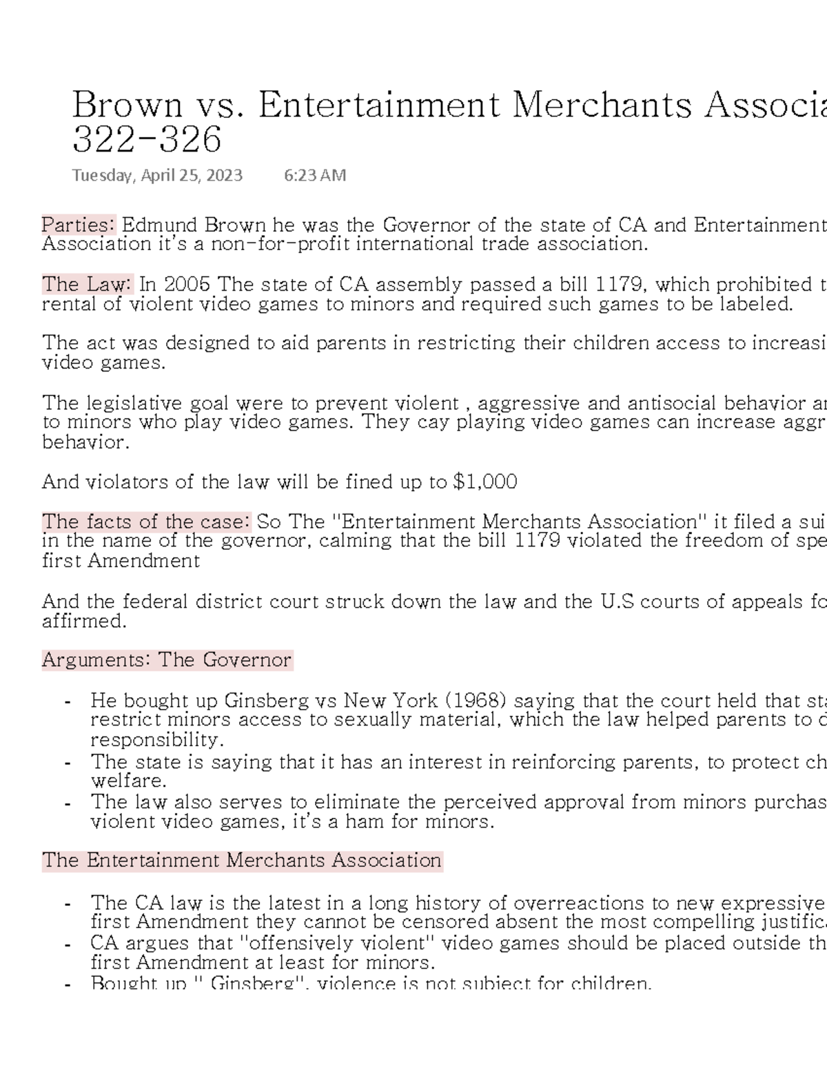 Brown Vs. Entertainment Merchants Association Page 322-326 - Parties ...