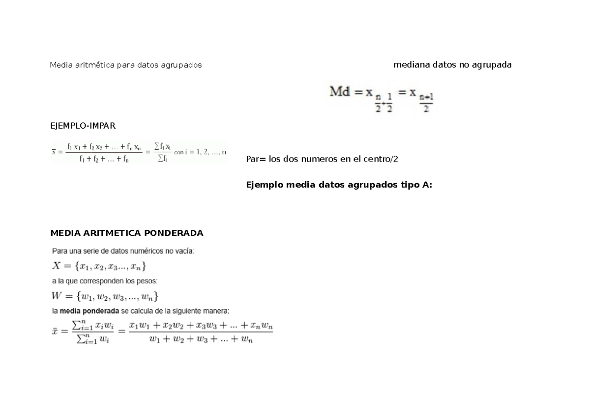 Formulas - Fisico Quimica - Media aritmética para datos agrupados