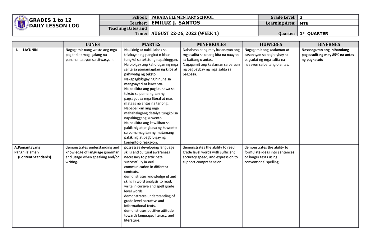 DLL MTB 2 Q1 W1 - LESSON PLAN - GRADES 1 To 12 DAILY LESSON LOG School ...