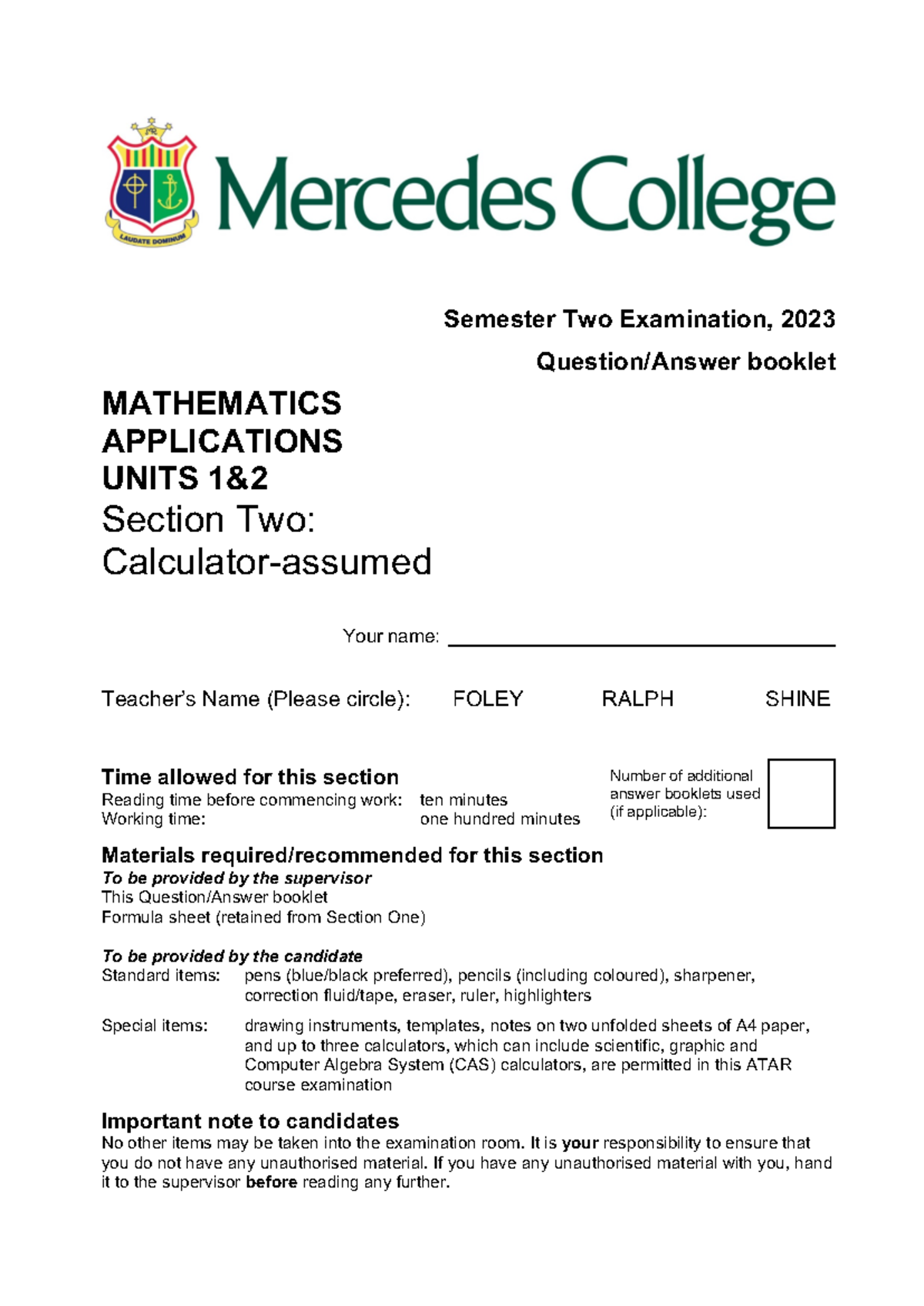 MC WAEP 2023 YR11 APPS U12 S2 - Semester Two Examination, 2023 Question ...