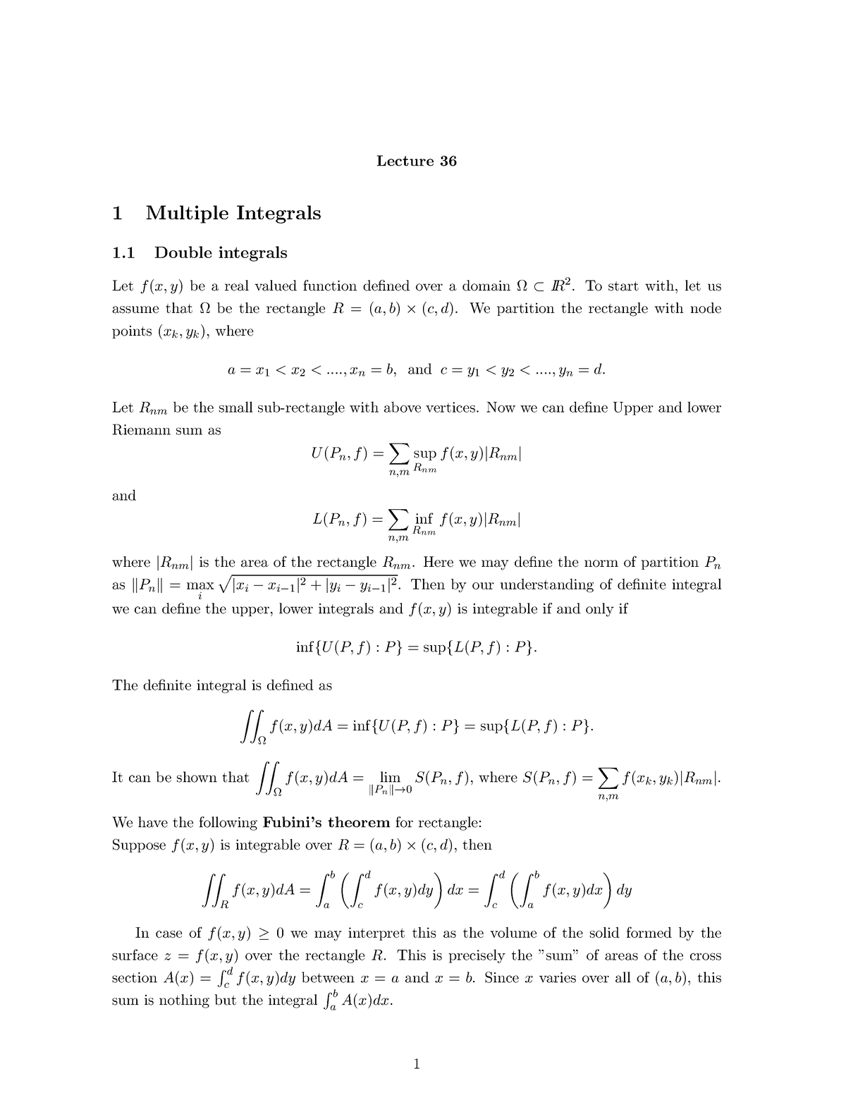 Multiple Integrals - Lecture 36 1 Multiple Integrals 1 Double Integrals ...