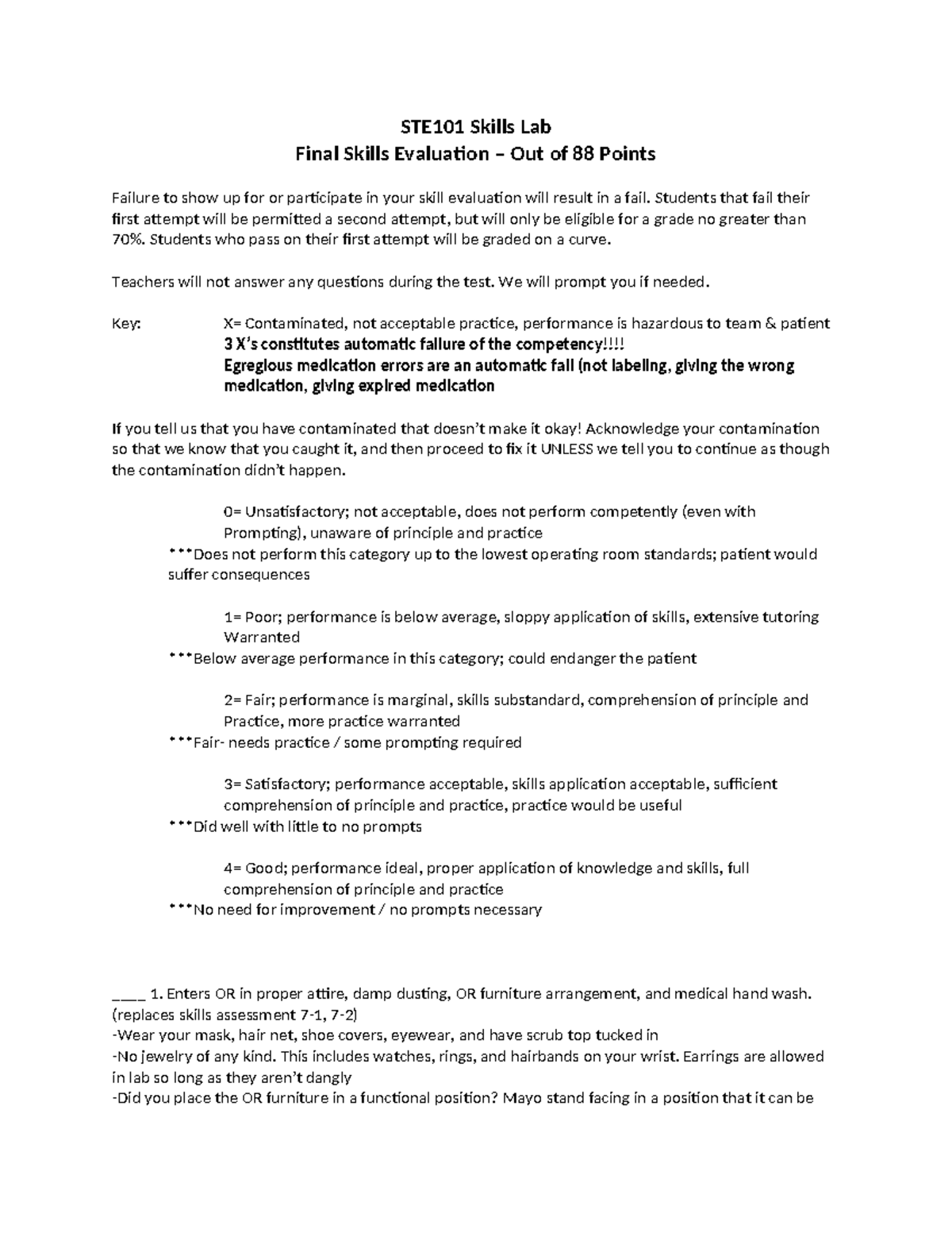 Skills review 101 students - STE101 Skills Lab Final Skills Evaluation ...