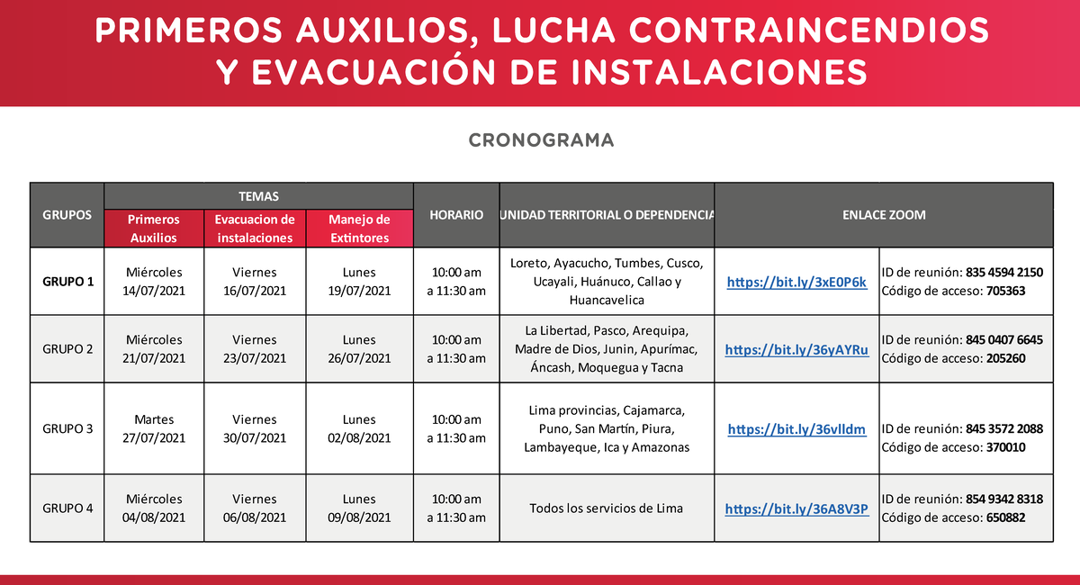 Cronograma - Primeros Auxilios, Lucha Contraincendios Y Evacuación De ...