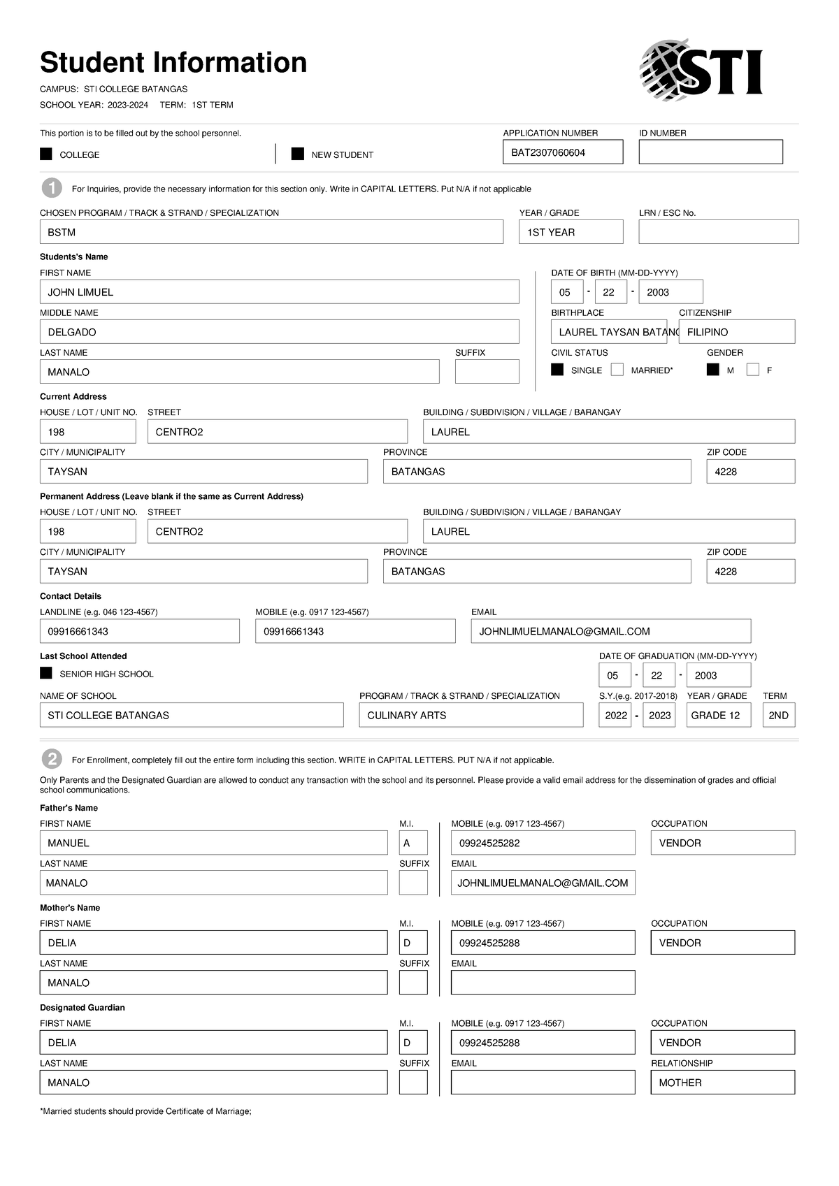 2023 7 6 SIF Batangas - Doc - Student Information CAMPUS: STI COLLEGE ...