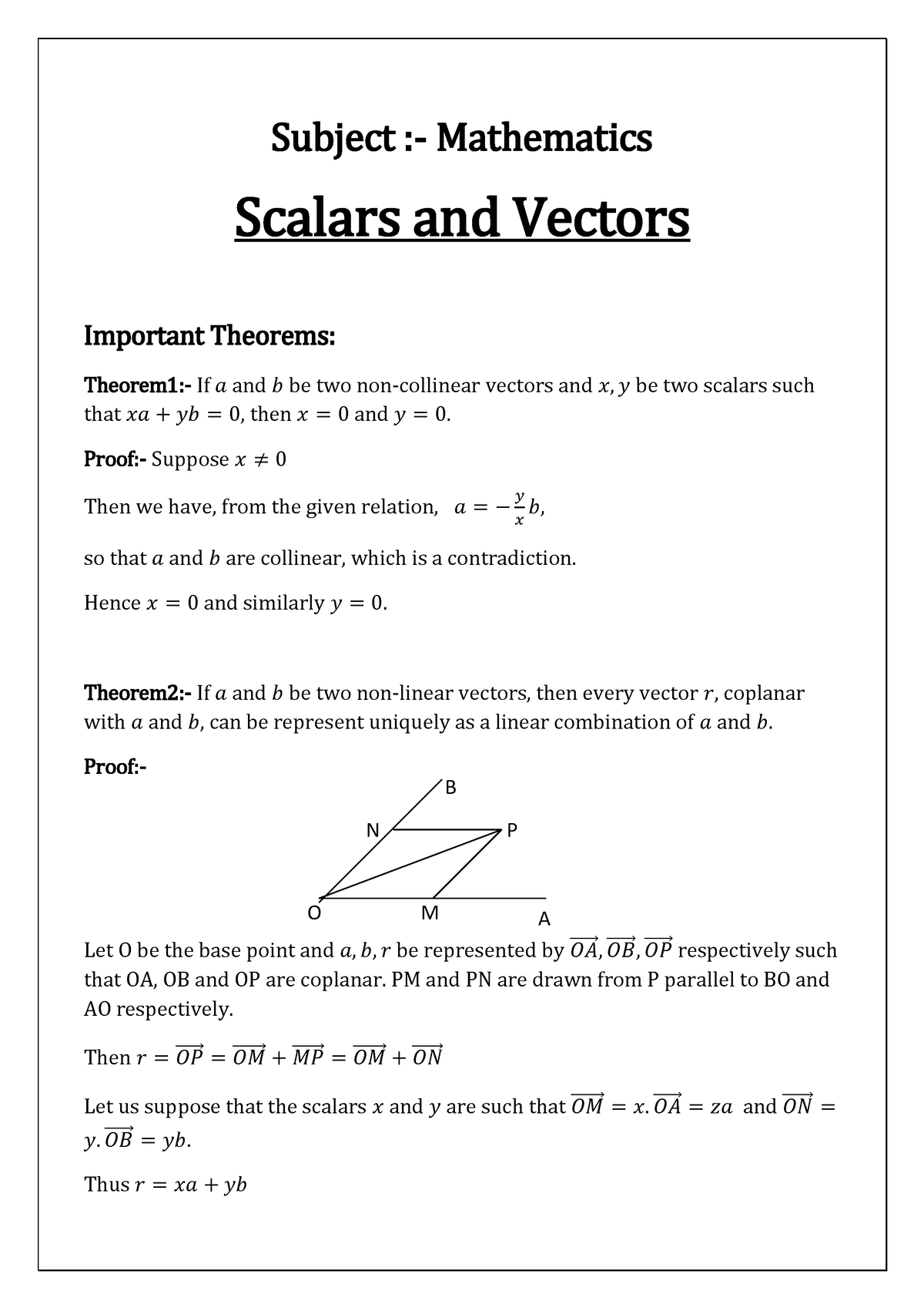 Scalars And Vectors Class Notes - M N B P A Subject :- Mathematics ...