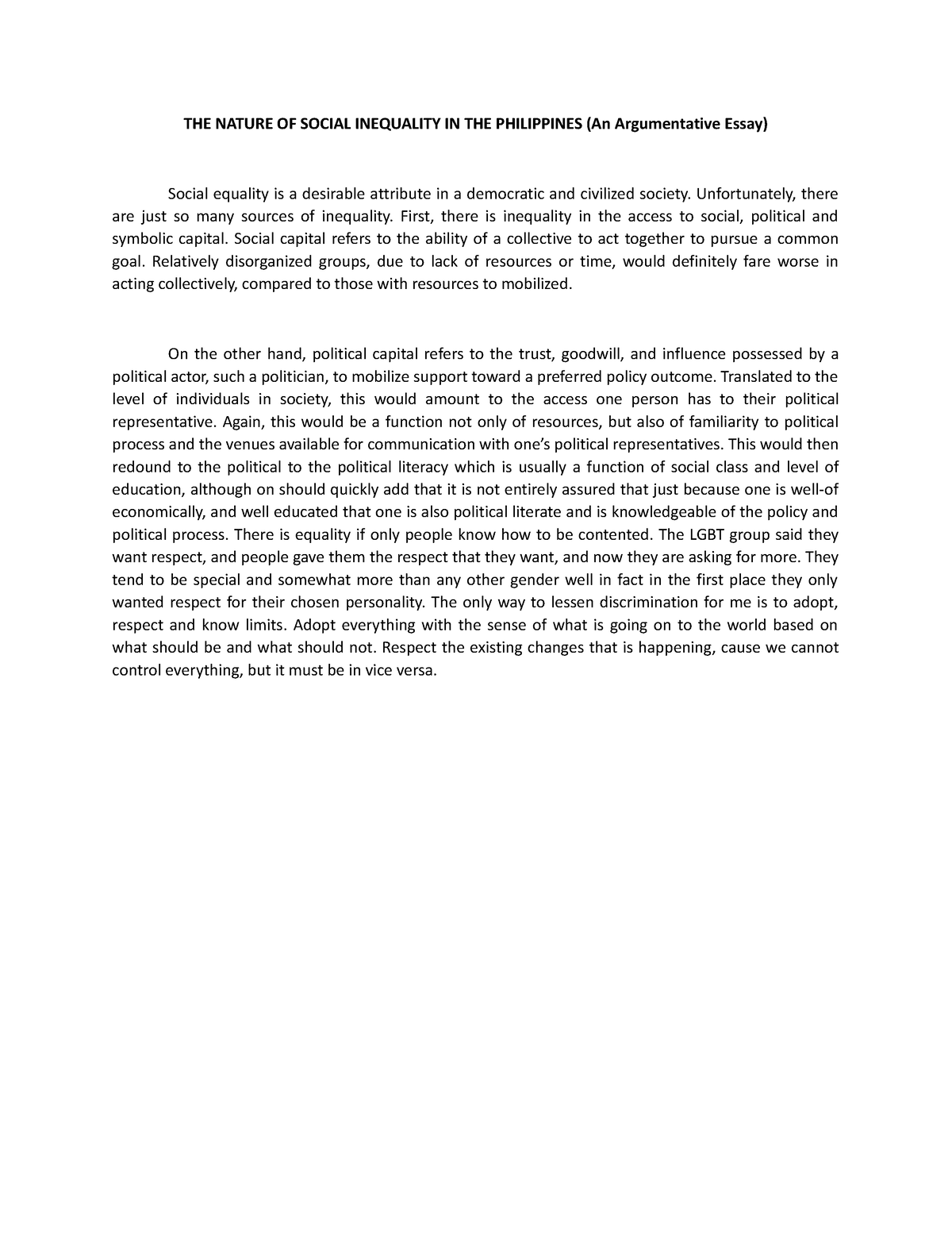 argumentative essay about nature of social inequality in the philippines