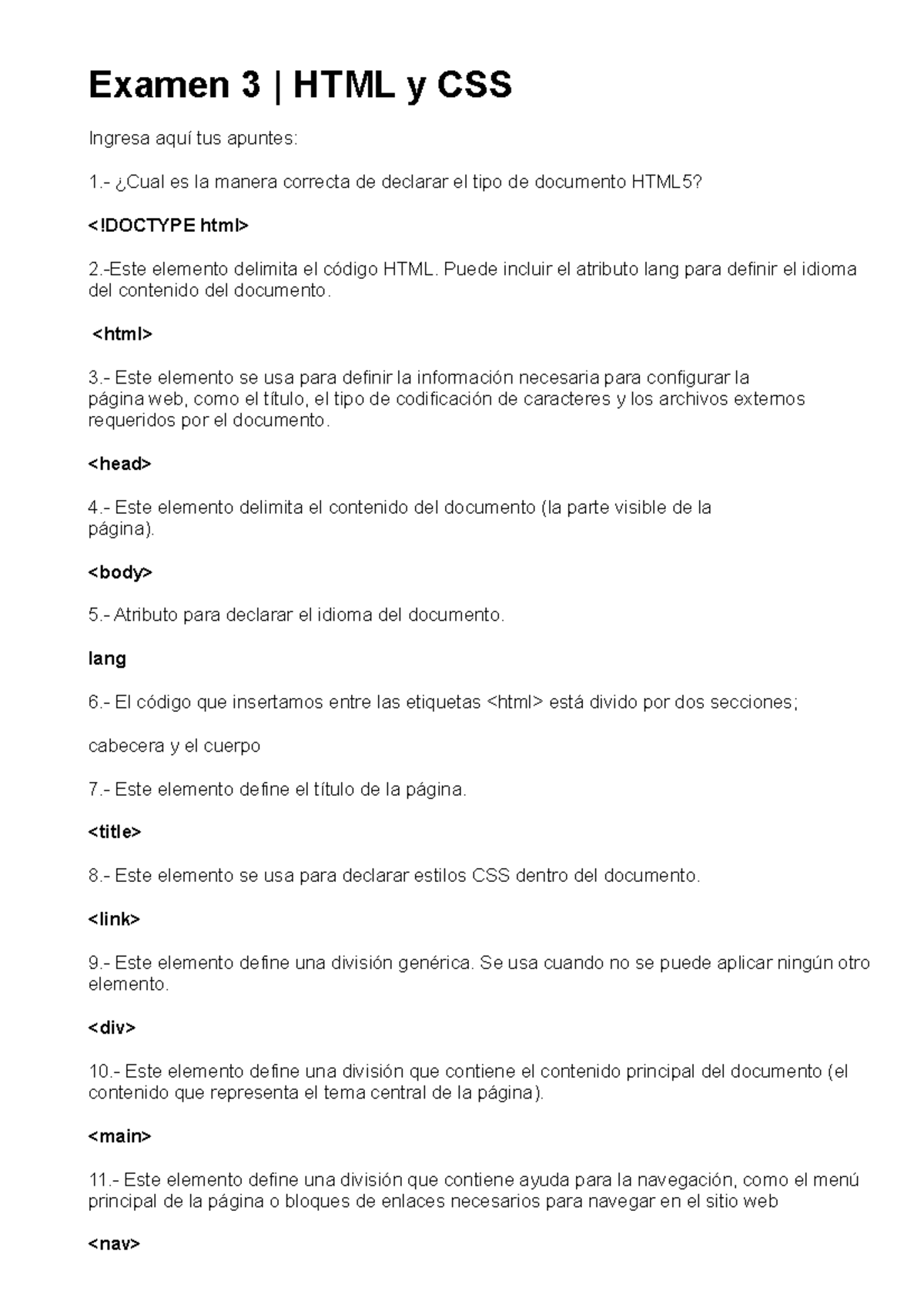 Examen 3 html y css - Examen 3 | HTML y CSS Ingresa aquí tus apuntes: 1 ...