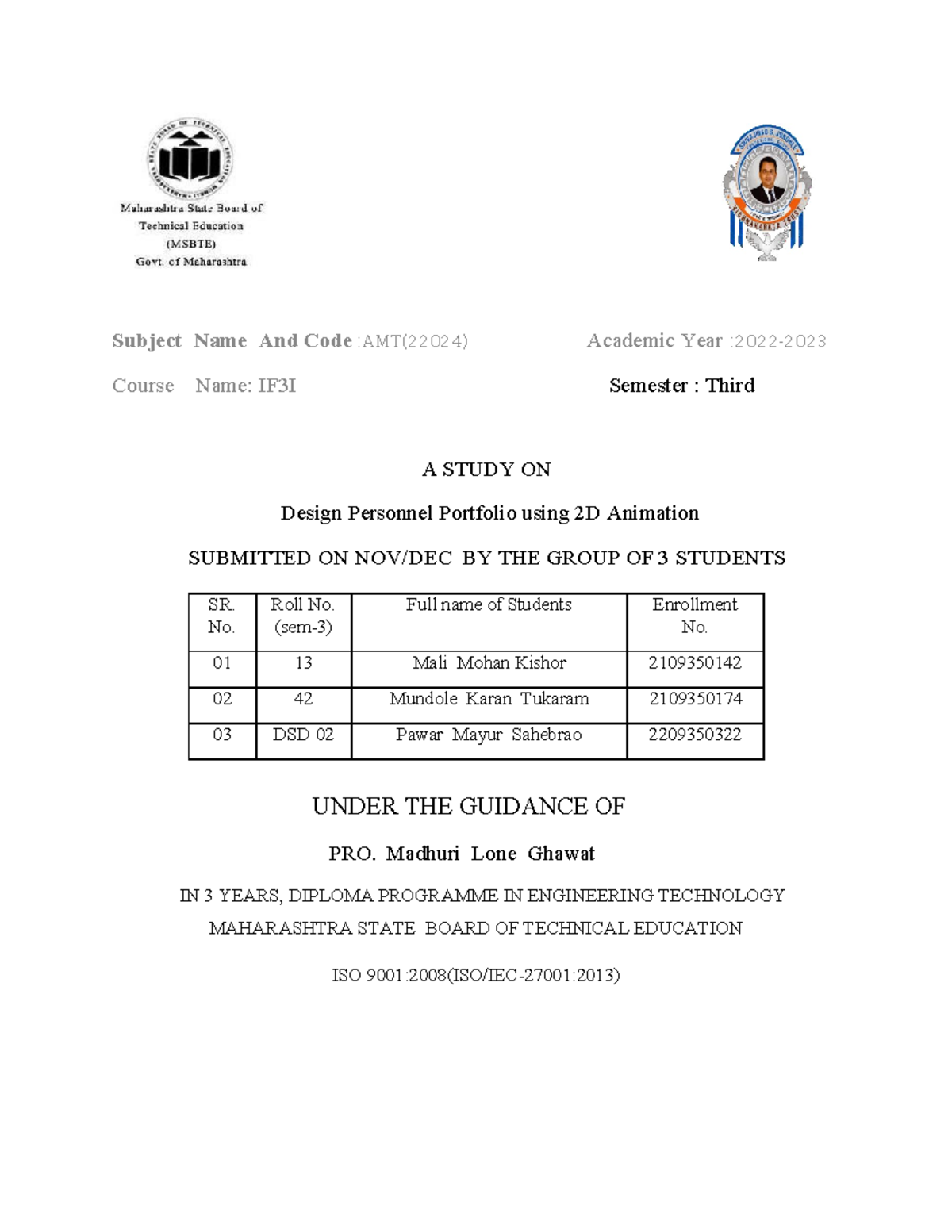 Karan AMT Microproject Subject Name And Code AMT(22024