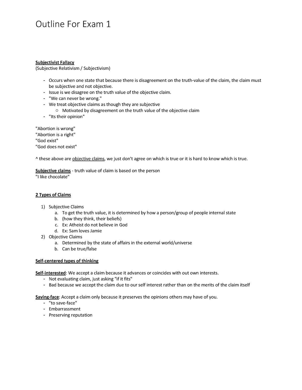 Outline For Exam 1 - Subjectivist Fallacy (Subjective Relativism ...