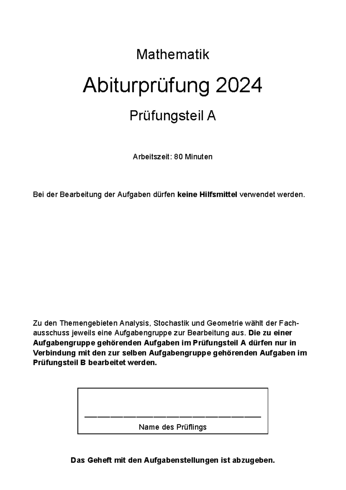 Abiturpruefung mathematik 2024 pruefungsteil a - Mathematik