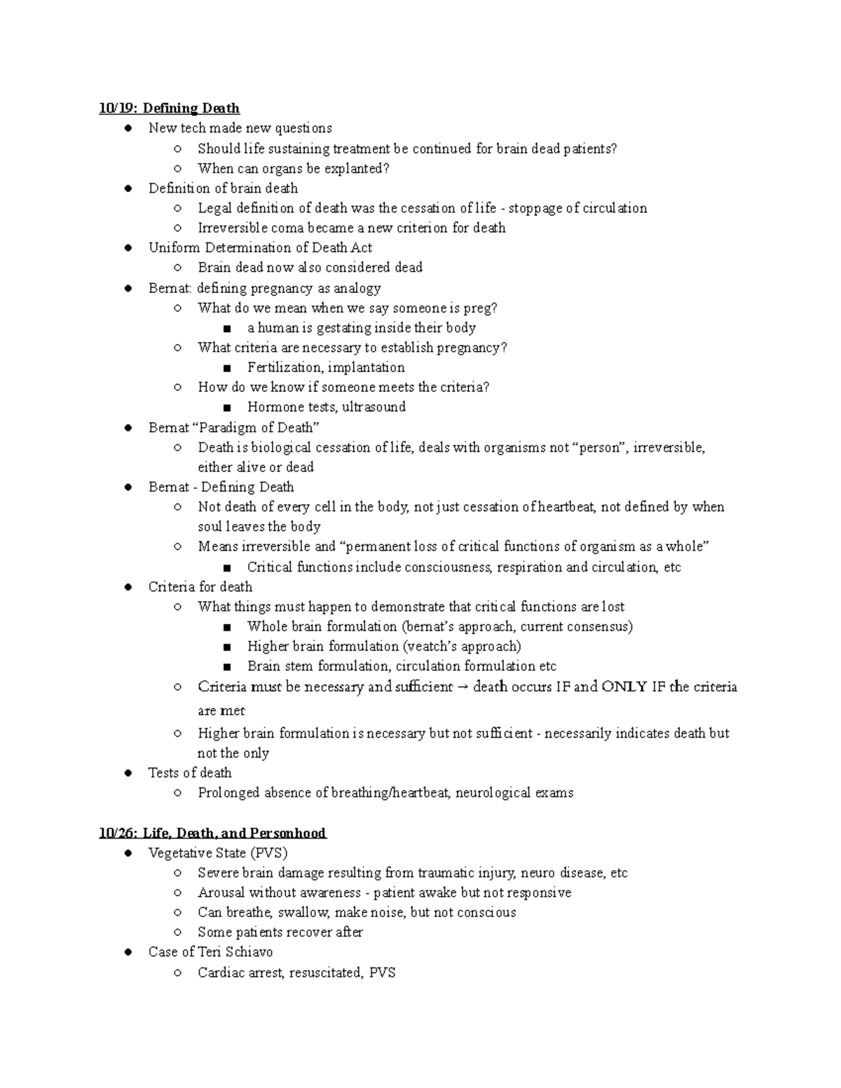 Bioethics Lecture Notes Part 2 - 10/19: Defining Death New tech made ...