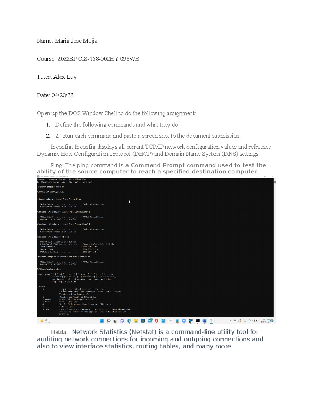 Using DOS Networking Commands- Maria Jose Mejia - Name: Maria Jose ...