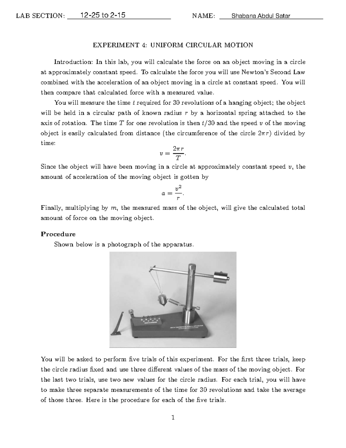 04 UCM.pdf - shabana 2 3 - LAB NOTES - LAB SECTION: NAME: EXPERIMENT 4 ...