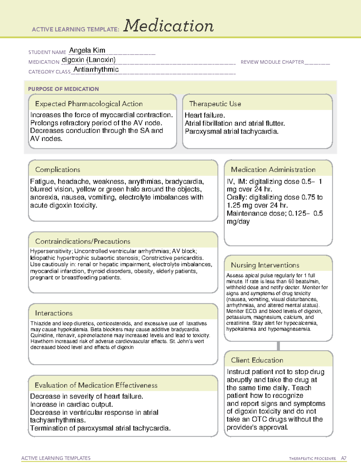 Digoxin Ati Medication Template