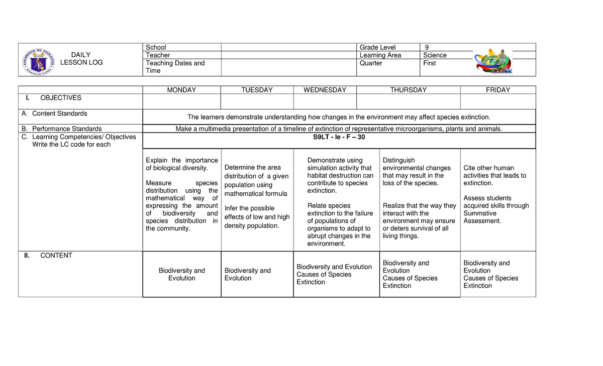 DLL 1ST QRTR-Biodiversity - DAILY LESSON LOG School Grade Level 9 ...