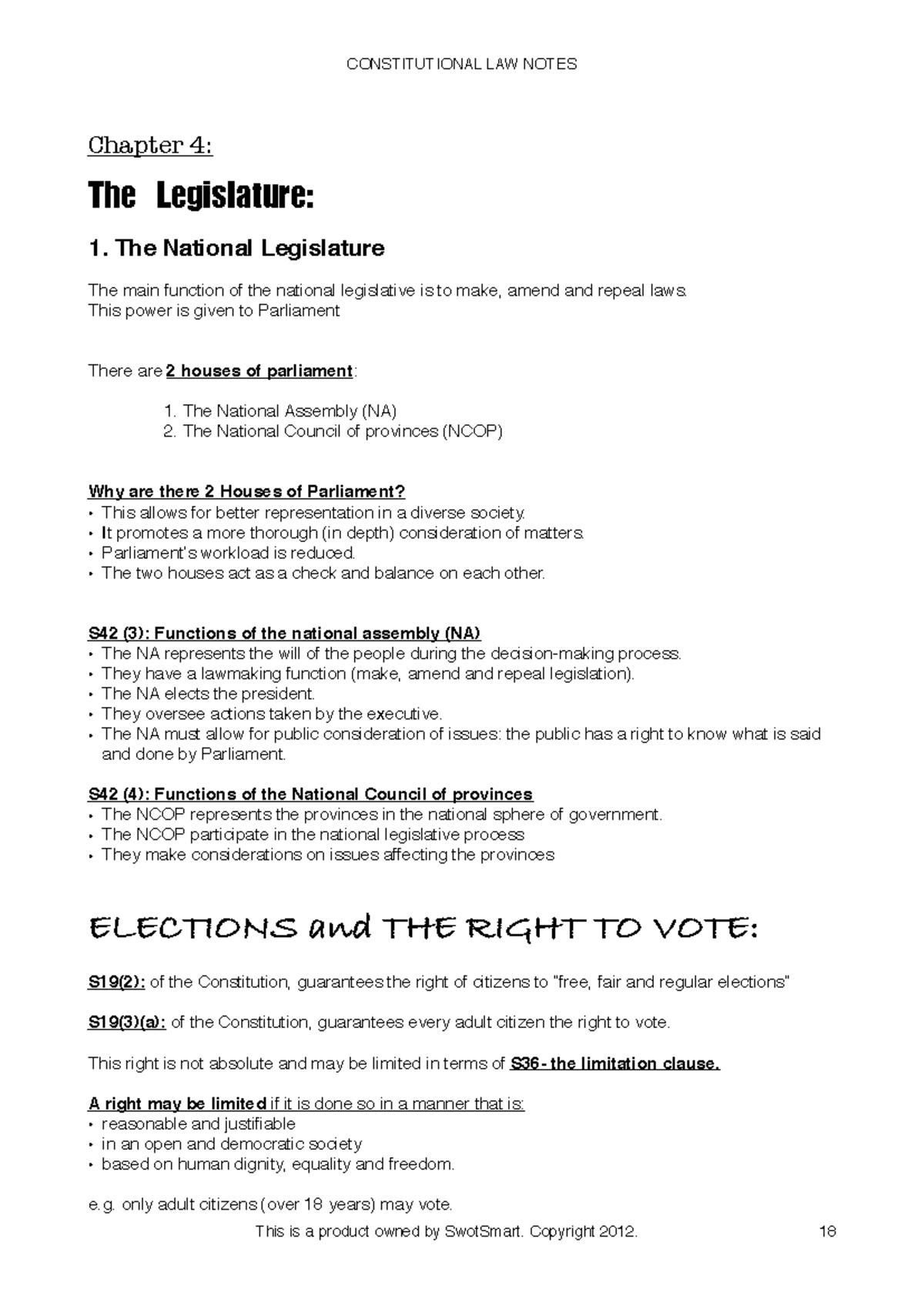 Chapter 4 - Constitutional LAW - Chapter 4: 1. The National Legislature ...