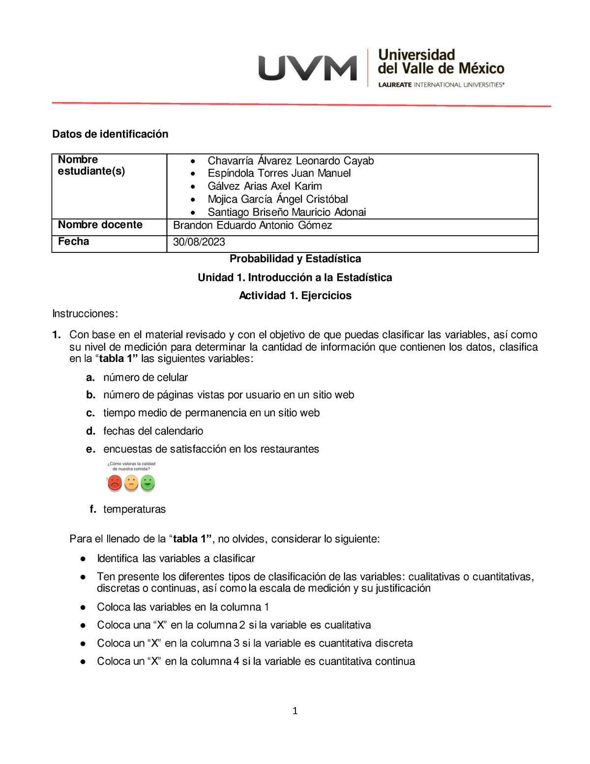 U1 Act 1 - Actividad 1 Dé Probabilidad Y Estadística - Datos De ...