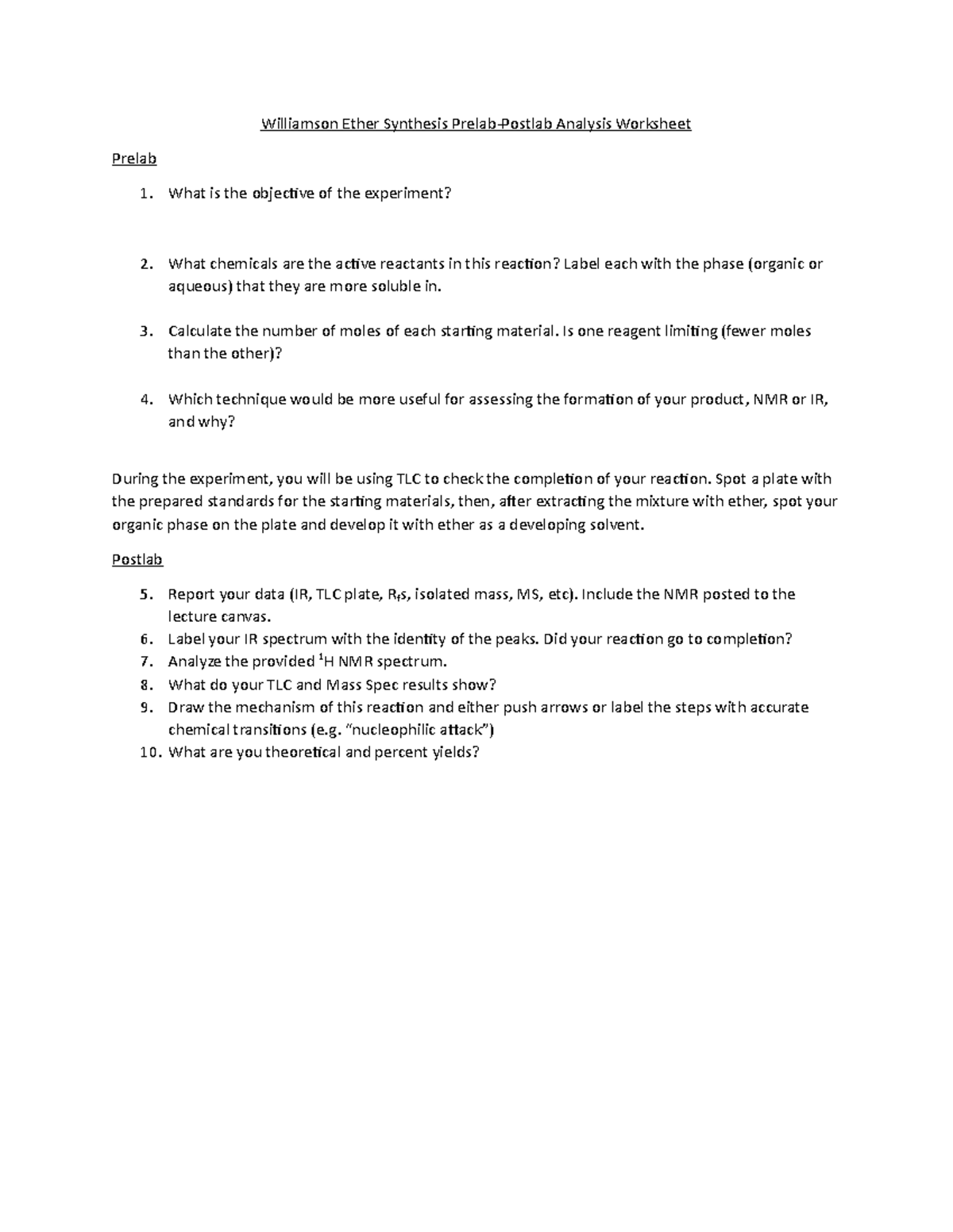 Williamson Ether Synthesis prelab-postlab worksheet - Williamson Ether ...